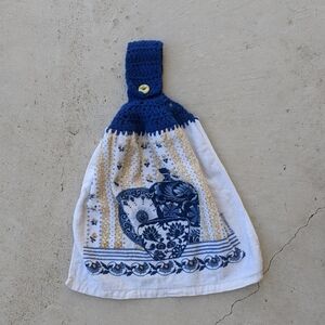 Vintage 90s Blue and White Hanging Kitchen Hand Towel with Crochet Top